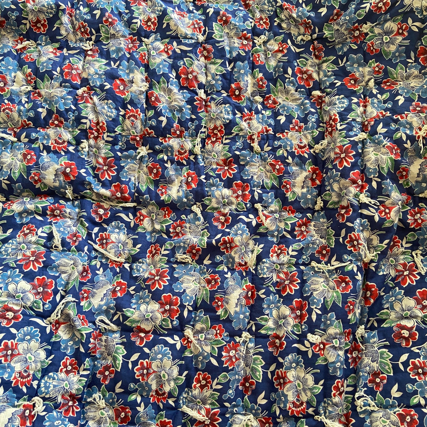 1930s 1940s Blue Floral Print Feed Sack Quilt