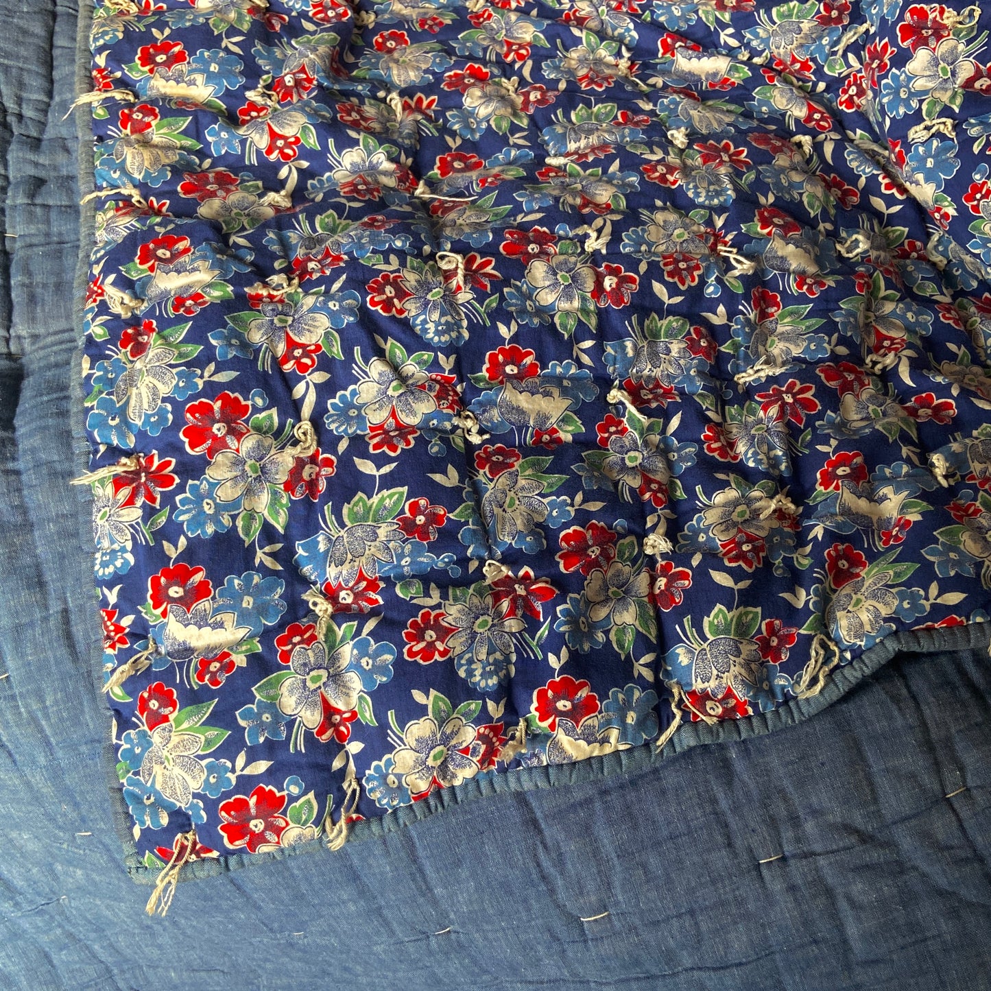 1930s 1940s Blue Floral Print Feed Sack Quilt