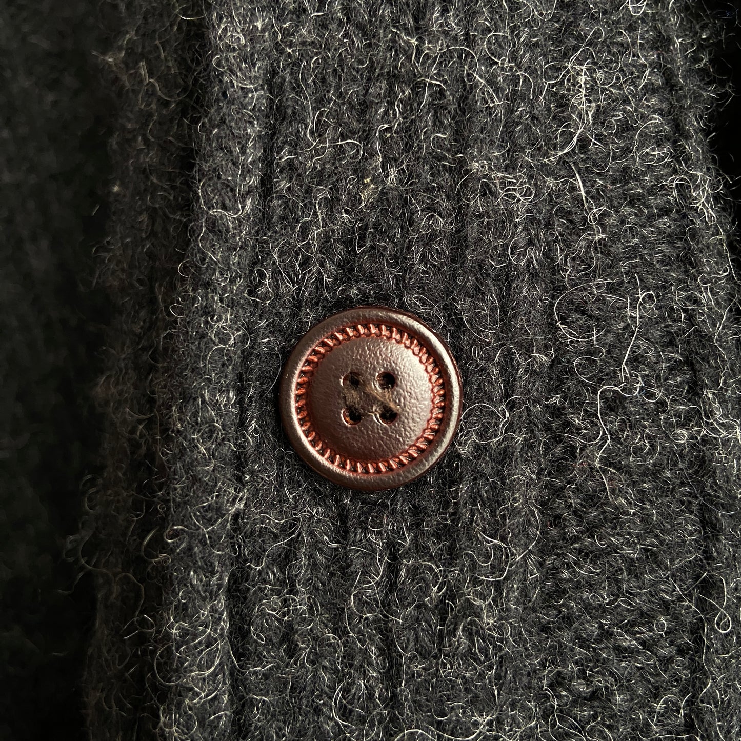 1990s J Crew Shaggy Black Wool Cardigan with Leather Buttons