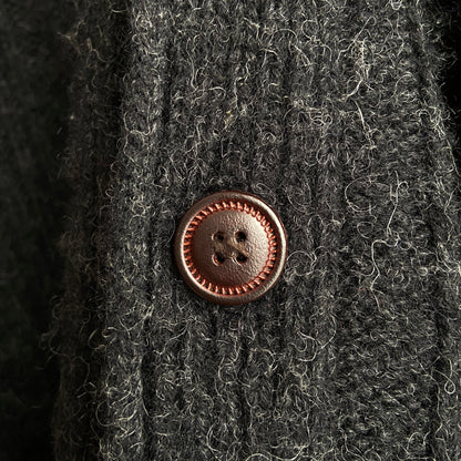 1990s J Crew Shaggy Black Wool Cardigan with Leather Buttons