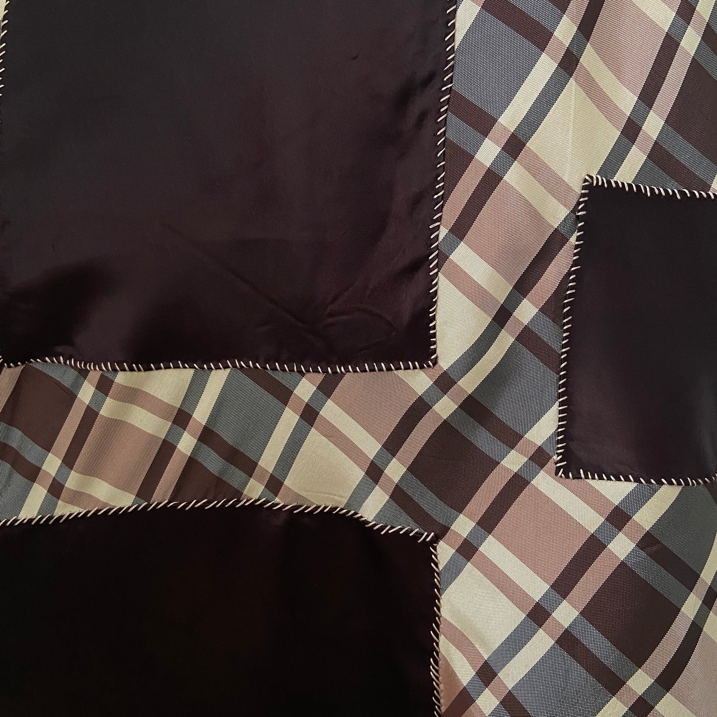 1940s Brown Plaid Rayon Skirt with Patches