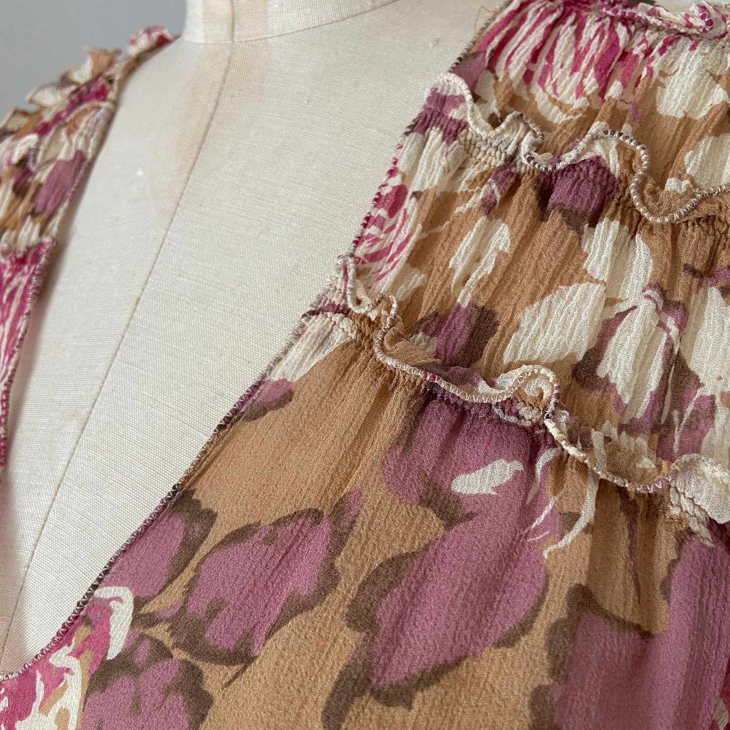1990s Floral Silk Gauze Bell Sleeve Top