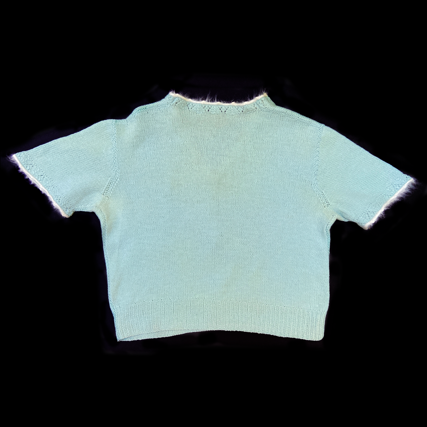 1930s Hand Knit Blue Angora Trimmed Sweater