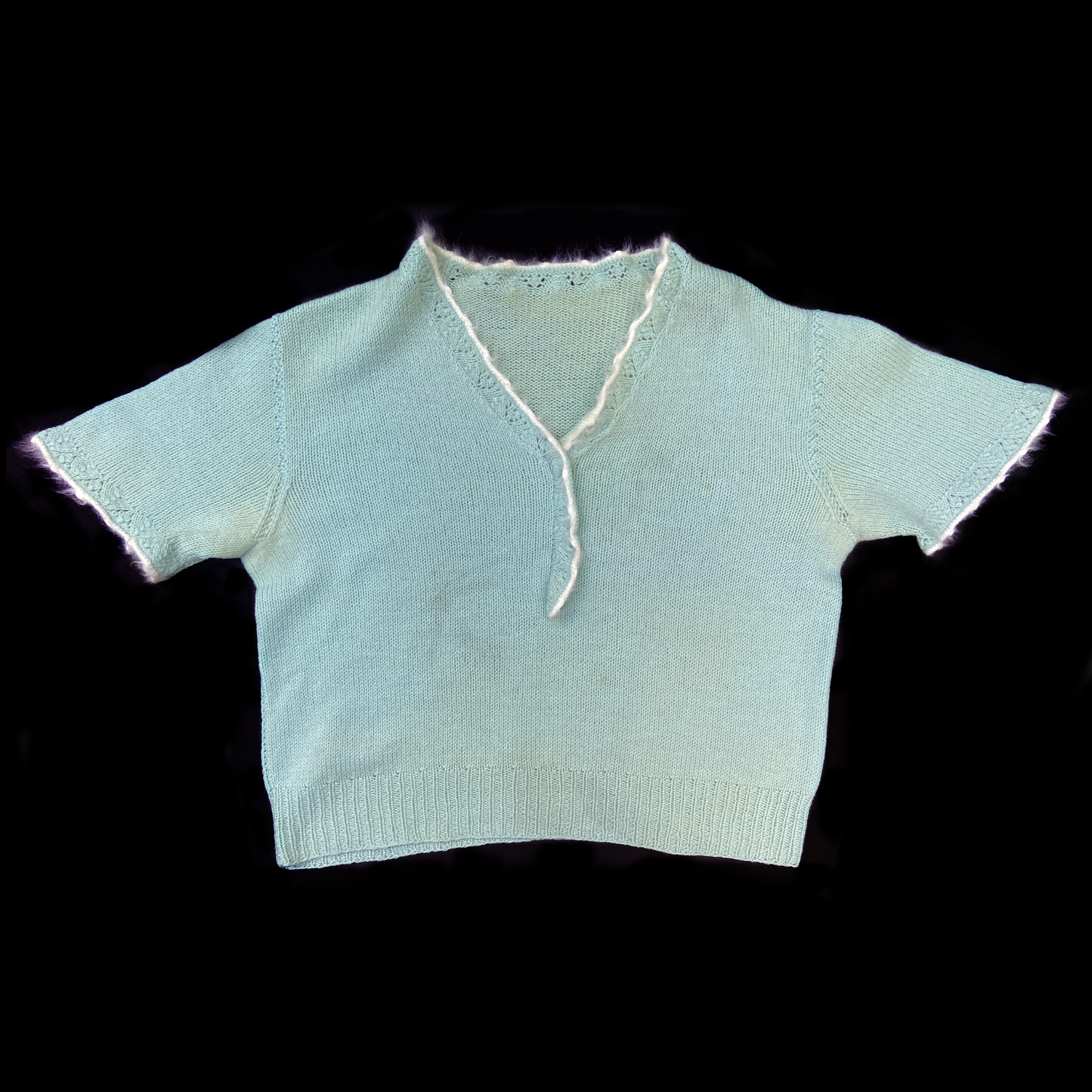 1930s Hand Knit Blue Angora Trimmed Sweater