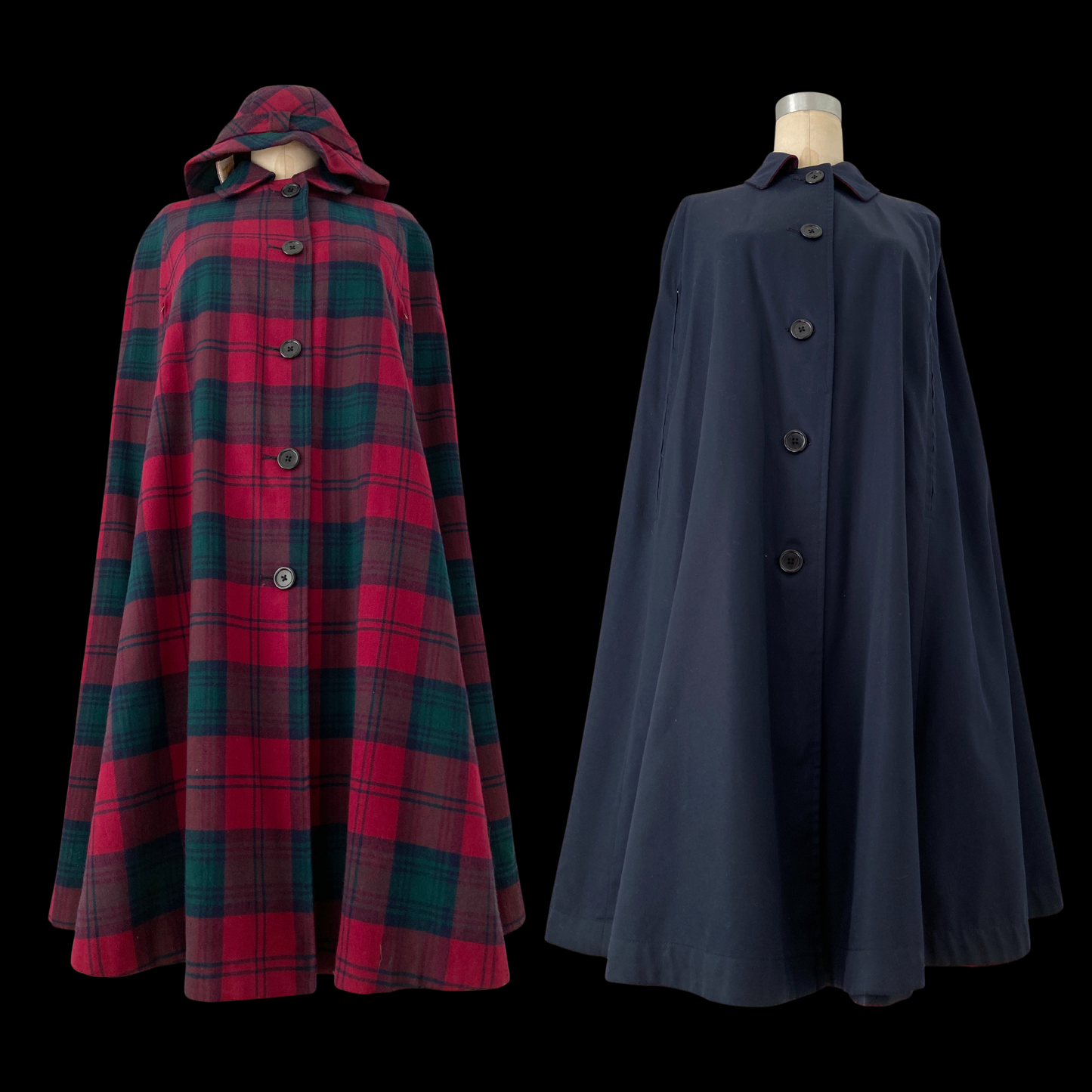 1950s 1960s Burberry Wool Plaid and Gaberdine Reversible Cape with Hat