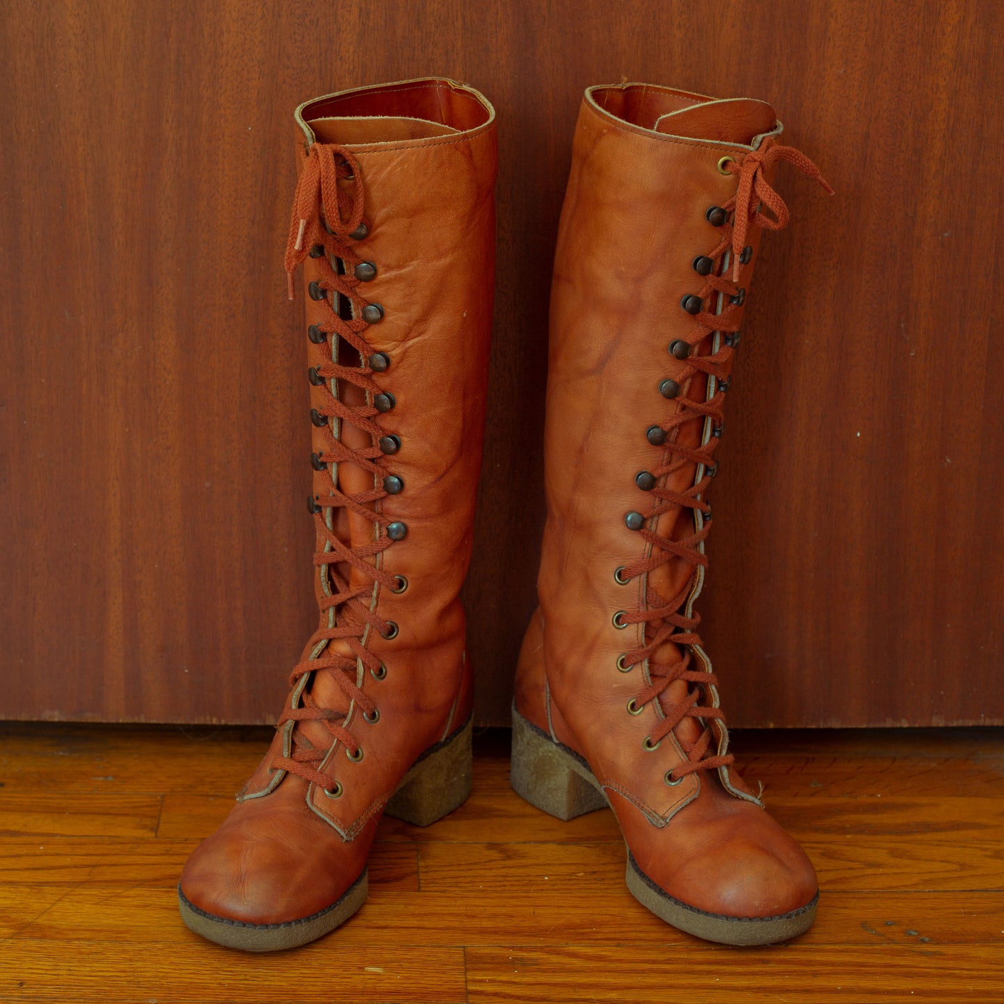 1970s Lace Up Gum Sole Leather Knee High Boots