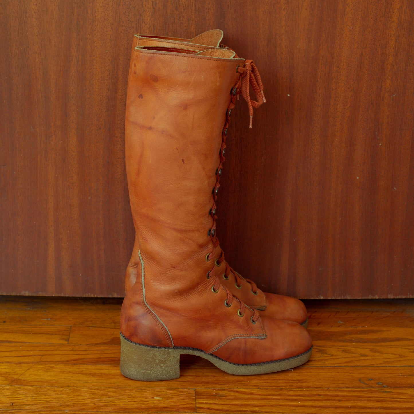 1970s Lace Up Gum Sole Leather Knee High Boots