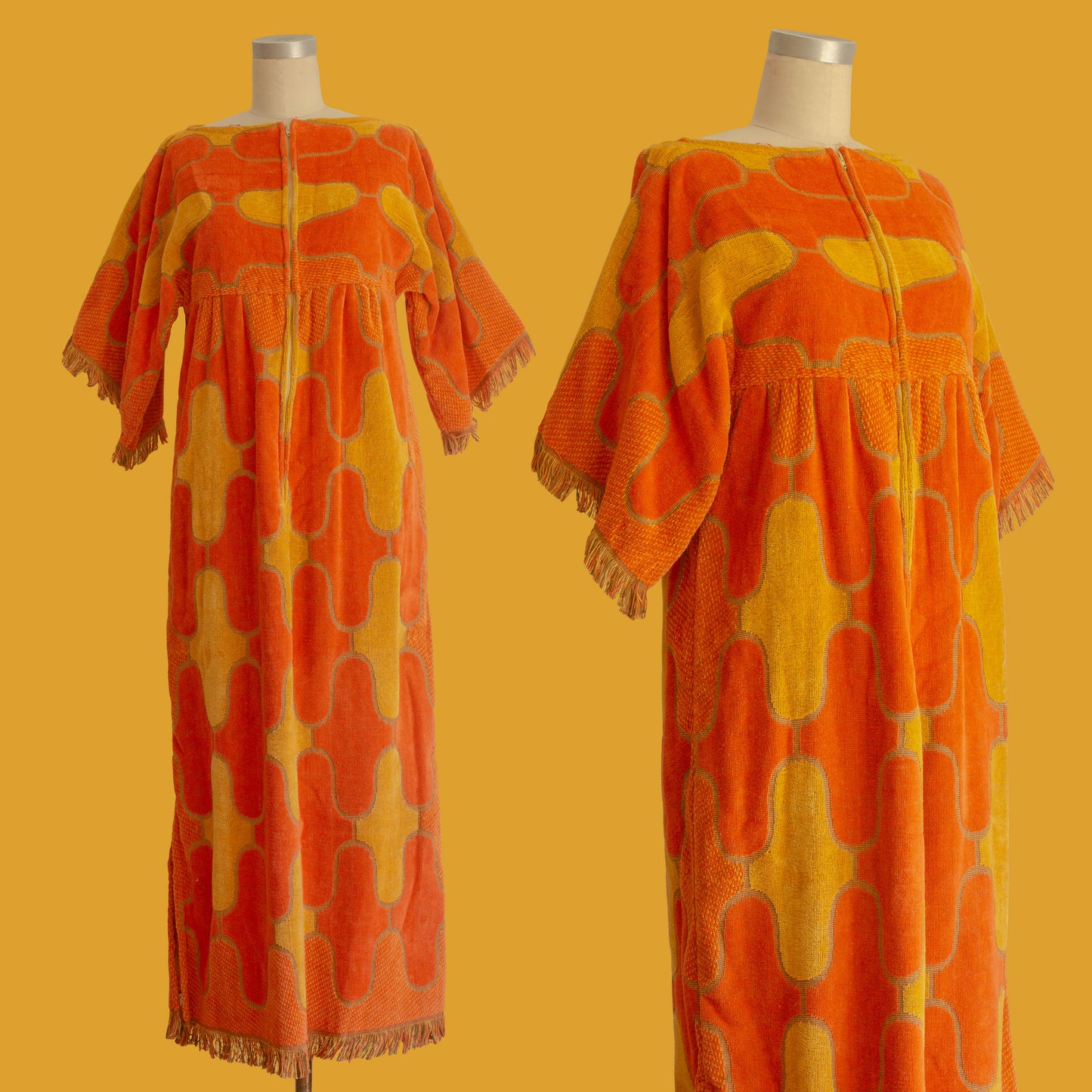 1960s Orange + Yellow Terry Cloth Maxi Dress