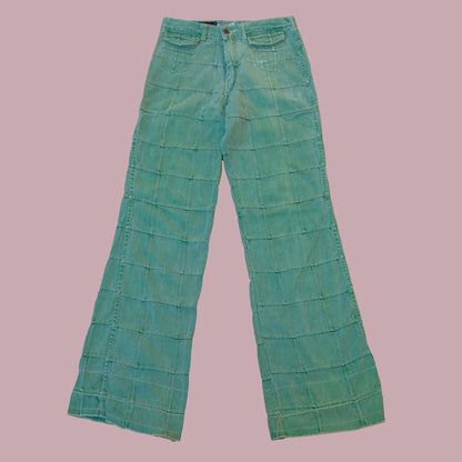 Vintage 1970s Green Patchwork Windowpane Bell Bottom Jeans 28 29" Waist