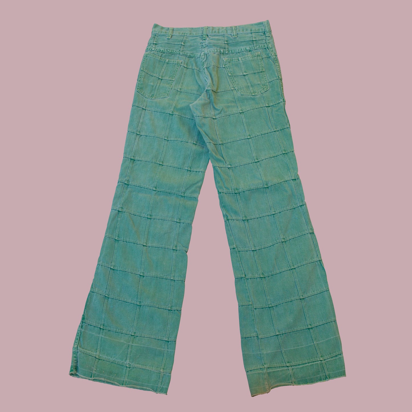 Vintage 1970s Green Patchwork Windowpane Bell Bottom Jeans 28 29" Waist